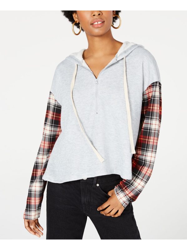 REWASH Womens Plaid Long Sleeve Zip Neck Hoodie Top on Sale