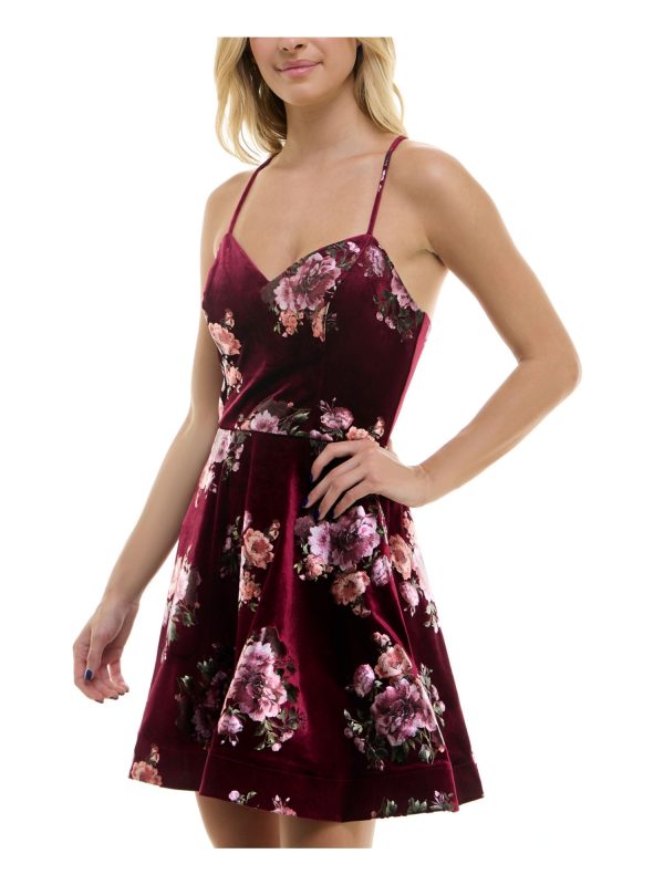 BCX DRESS Womens Burgundy Open Back Lined Crisscross Straps Pullover Floral Spaghetti Strap V Neck Above The Knee Party Fit + Flare Dress Fashion