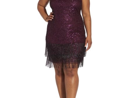 ADRIANNA PAPELL Womens Burgundy Sequined Zippered Beaded Fringe Lined Sleeveless Jewel Neck Above The Knee Party Sheath Dress on Sale