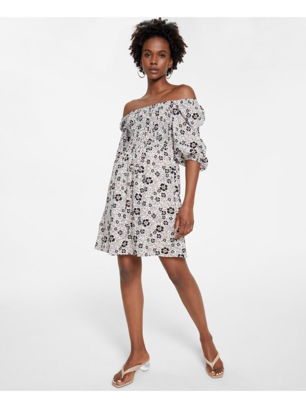 BAR III Womens Smocked Floral 3 4 Sleeve Off Shoulder Short Party Fit + Flare Dress Online now