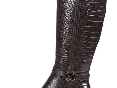 TOMMY HILFIGER Womens Brown Crocodile Goring Logo Padded Diwan 2 Almond Toe Block Heel Zip-Up Riding Boot M Supply