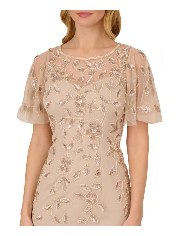 ADRIANNA PAPELL Womens Beige Embellished Zippered Lined Mesh Floral Flutter Sleeve Illusion Neckline Short Evening Sheath Dress Sale