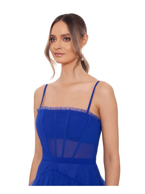 BETSY & ADAM Womens Blue Mesh Zippered Lined Corset-style Bodice Tiered Skirt Spaghetti Strap Square Neck Full-Length Prom Gown Dress Online Hot Sale