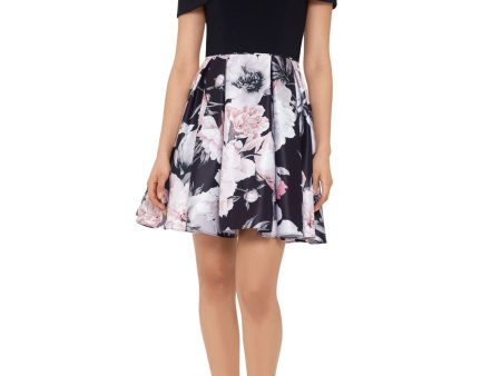 BETSY & ADAM Womens Stretch Pocketed Floral Short Sleeve Off Shoulder Short Party Fit + Flare Dress on Sale