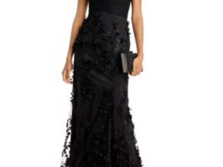 AIDAN MATTOX Womens Black Pleated Zippered 3-d Floral Skirt Slitted Lined Sleeveless V Neck Full-Length Evening Gown Dress Online now