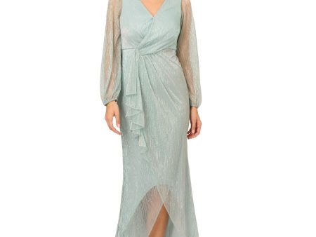 ADRIANNA PAPELL Womens Aqua Zippered Lined Cascading Ruffle Hi-lo Hem Long Sleeve Surplice Neckline Full-Length Evening Faux Wrap Dress Supply