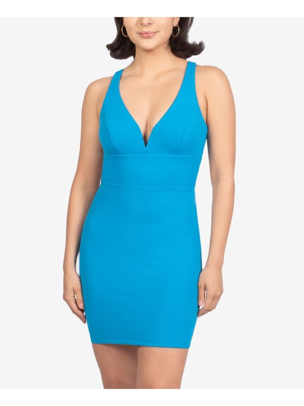 B DARLIN Womens Blue Zippered Crisscross Back Sleeveless Sweetheart Neckline Mini Evening Sheath Dress Online now