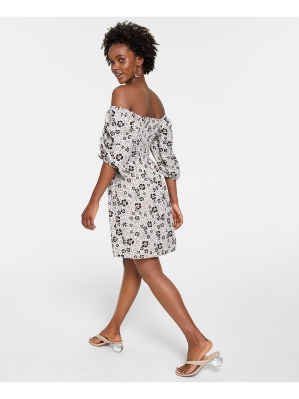 BAR III Womens Smocked Floral 3 4 Sleeve Off Shoulder Short Party Fit + Flare Dress Online now