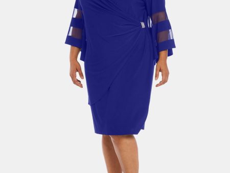 R&M RICHARDS Womens Blue Beaded Rhinestone Illusion Bell Sleeve V Neck Knee Length Party Wrap Dress Online now