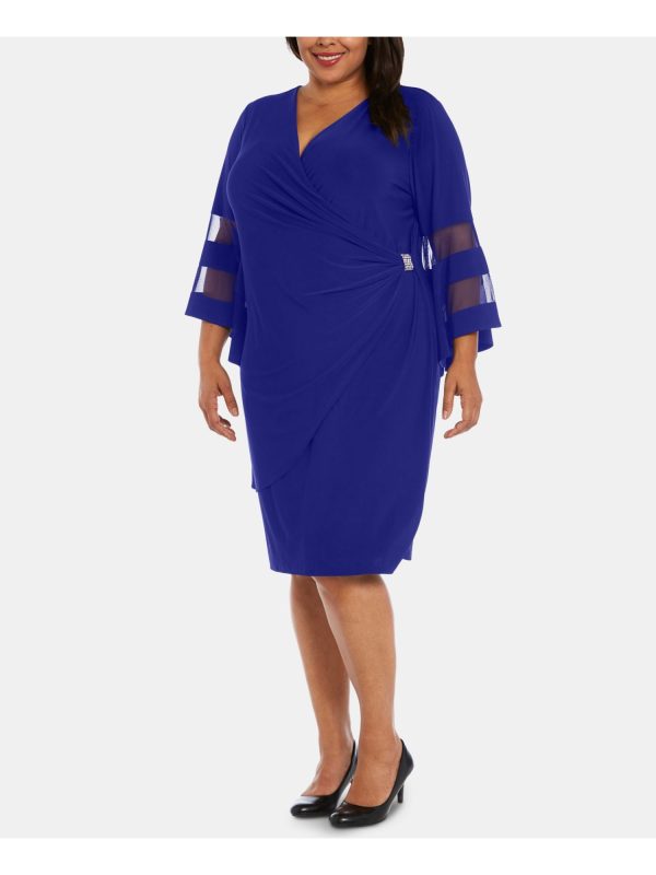 R&M RICHARDS Womens Blue Beaded Rhinestone Illusion Bell Sleeve V Neck Knee Length Party Wrap Dress Online now