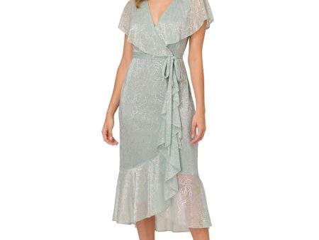 ADRIANNA PAPELL Womens Green Zippered Lined Metallic Belted Ruffled Capelet Floral Flutter Sleeve Surplice Neckline Midi Party Mermaid Dress For Cheap