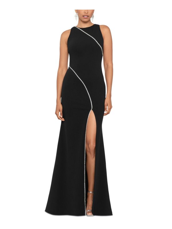 BETSY & ADAM Womens Black Zippered Lined High-slit Sleeveless Round Neck Full-Length Formal Gown Dress Discount