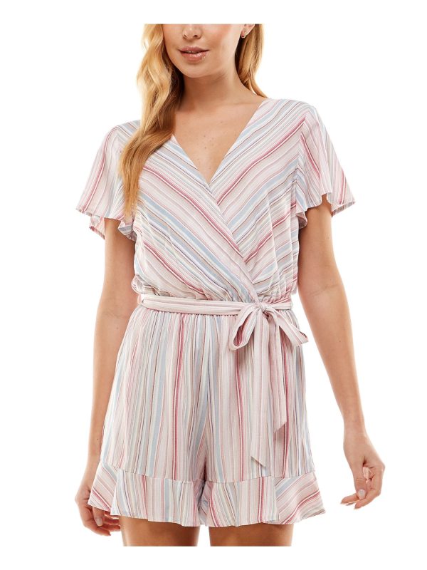 BEBOP Womens Ruffled Striped Flutter Sleeve Surplice Neckline Wide Leg Romper Online