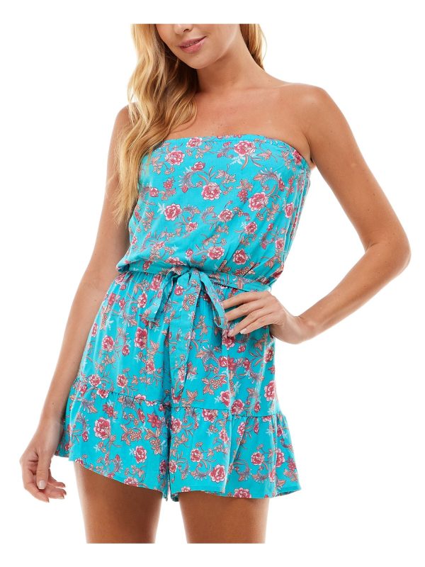 BEBOP Womens Ruffled Floral Sleeveless Strapless Wide Leg Romper For Discount