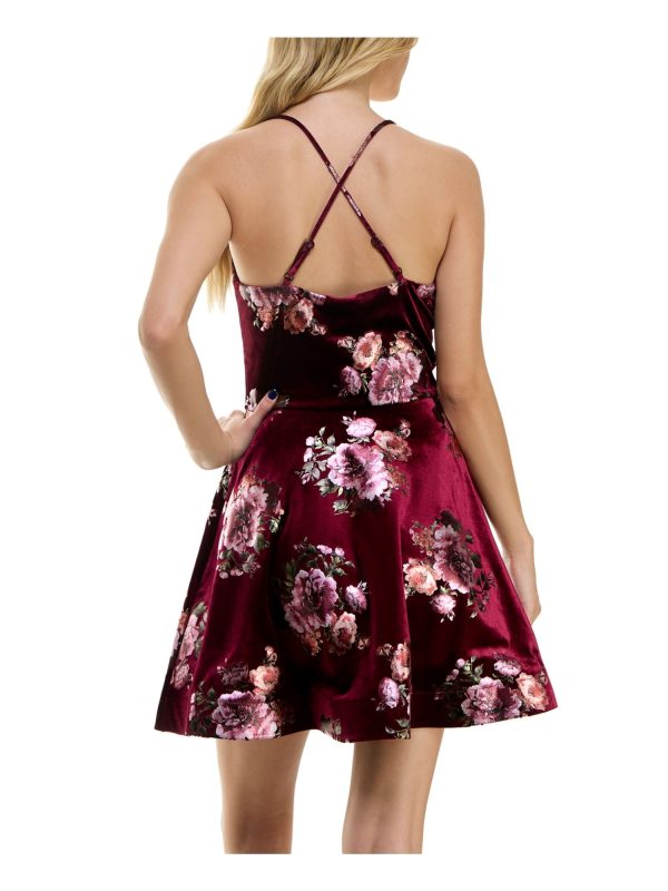 BCX DRESS Womens Burgundy Open Back Lined Crisscross Straps Pullover Floral Spaghetti Strap V Neck Above The Knee Party Fit + Flare Dress Fashion