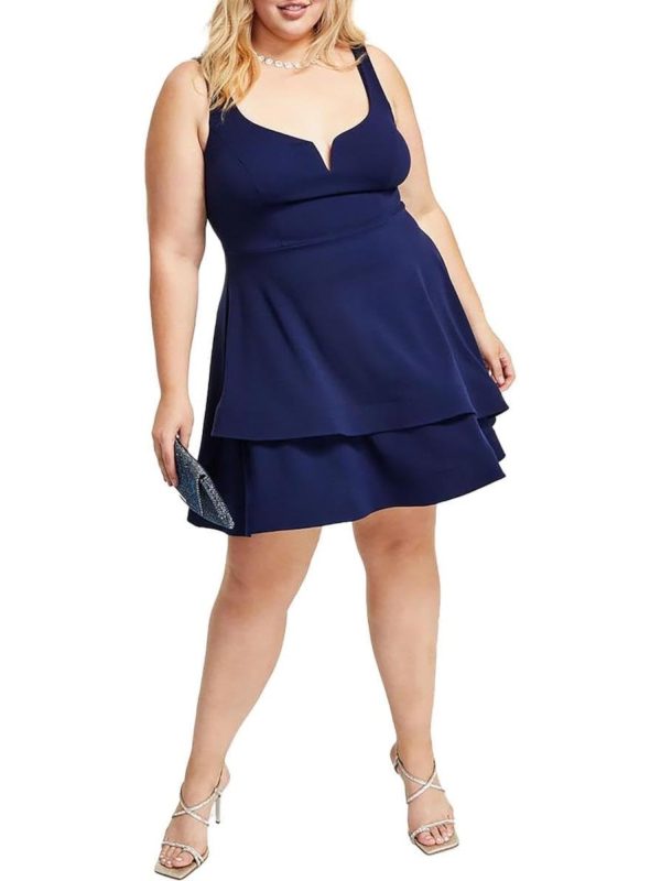 B DARLIN Womens Navy Zippered V-notch Tiered Skirt Sleeveless Scoop Neck Above The Knee Party Fit + Flare Dress on Sale