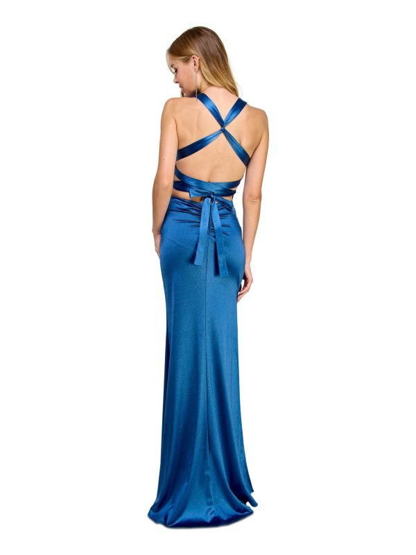 B DARLIN Womens Blue Ruched Zippered Lace-up Open Back High Side Slit Sleeveless V Neck Full-Length Prom Gown Dress For Discount