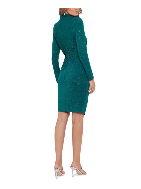 BETSY & ADAM Womens Green Ruched Zippered High-slit Lined Long Sleeve Mock Neck Above The Knee Party Sheath Dress For Discount