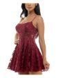 B DARLIN Womens Maroon Sequined Zippered Corset Bodice Padded Cups Spaghetti Strap Scoop Neck Short Party Fit + Flare Dress Hot on Sale