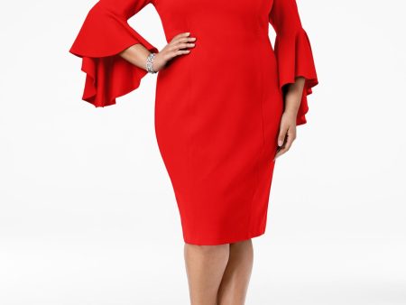 R&M RICHARDS WOMAN Womens Red Stretch Cold Shoulder Zippered Removable Strap Bell Sleeve Square Neck Knee Length Cocktail Sheath Dress Online Sale