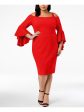 R&M RICHARDS WOMAN Womens Red Stretch Cold Shoulder Zippered Removable Strap Bell Sleeve Square Neck Knee Length Cocktail Sheath Dress Online Sale