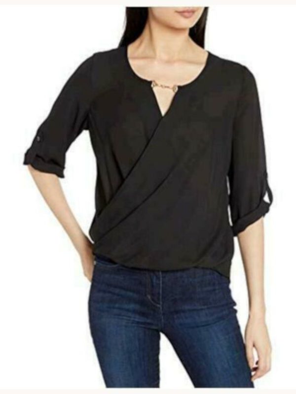 BCX Womens Black Cuffed Sleeve Keyhole Wrap Top For Sale