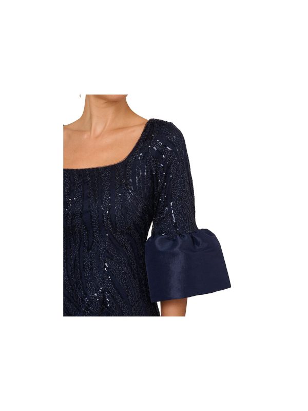 ADRIANNA PAPELL Womens Navy Sequined Zippered Lined Lace Bell Sleeve Square Neck Above The Knee Cocktail Sheath Dress Discount