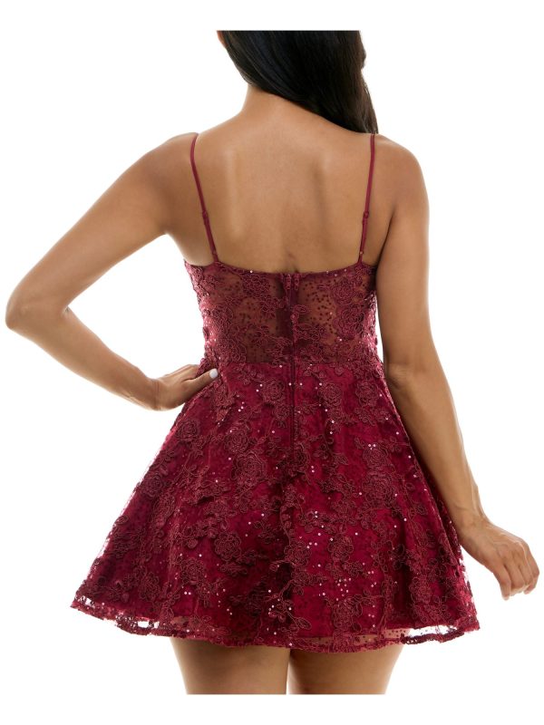 B DARLIN Womens Maroon Sequined Zippered Corset Bodice Padded Cups Spaghetti Strap Scoop Neck Short Party Fit + Flare Dress Hot on Sale