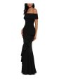 BETSY & ADAM Womens Black Zippered Cascade-ruffle Gown Short Sleeve Off Shoulder Full-Length Formal Mermaid Dress Hot on Sale