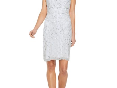 ADRIANNA PAPELL Womens White Beaded Sequined Zippered T-back Lined Sleeveless Halter Above The Knee Cocktail Sheath Dress Online Hot Sale