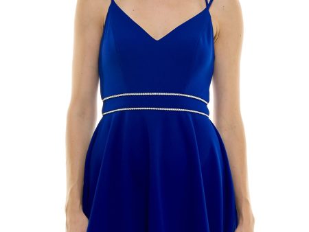 B DARLIN Womens Blue Zippered Crisscross Back Straps Sleeveless V Neck Short Party Fit + Flare Dress Sale