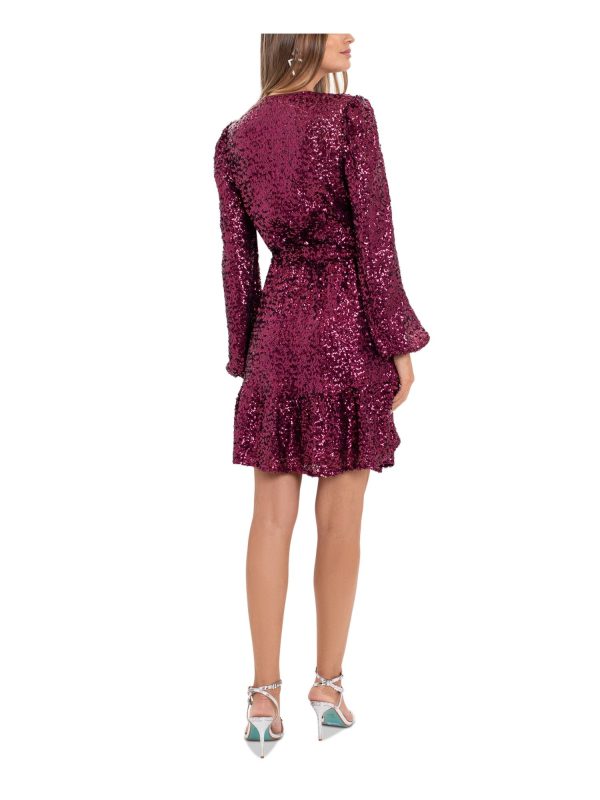 BETSY & ADAM Womens Burgundy Belted Lined Flounce Hem Pullover Blouson Sleeve Surplice Neckline Short Cocktail Fit + Flare Dress Online Hot Sale