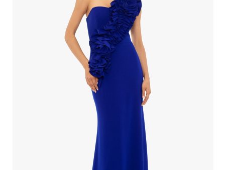 BETSY & ADAM Womens Blue Zippered Lined 3d Flower Detail Sleeveless Asymmetrical Neckline Full-Length Evening Gown Dress Discount