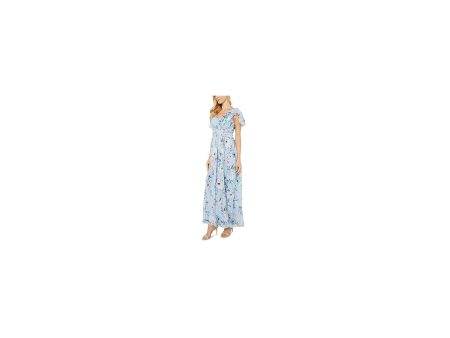 ADRIANNA PAPELL Womens Blue Pleated Zippered Chiffon Floral Flutter Sleeve V Neck Maxi Empire Waist Dress For Discount