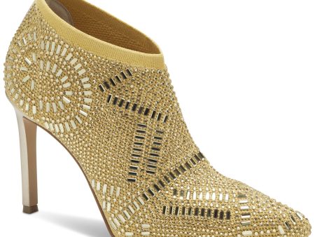 THALIA SODI Womens Gold Knit Rhinestone Cushioned Karmen Pointed Toe Stacked Heel Slip On Dress Booties M Online now