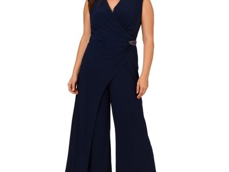 ADRIANNA PAPELL Womens Navy Zippered Pleated Embellished Asymmetric Overlay Sleeveless Surplice Neckline Wide Leg Jumpsuit Supply