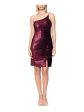 BETSY & ADAM Womens Burgundy Sequined Zippered Vented Hem Lined Sleeveless Asymmetrical Neckline Above The Knee Cocktail Sheath Dress Hot on Sale