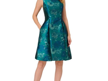 ADRIANNA PAPELL Womens Teal Pleated Zippered Pocketed Cutout Back Lined Sleeveless Boat Neck Above The Knee Wear To Work Fit + Flare Dress Sale