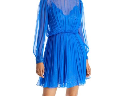 ALBERTA FERRETTI Womens Blue Zippered Pleated Elastic Waist Lace Lined Cuffed Sleeve Boat Neck Above The Knee Party Blouson Dress Discount