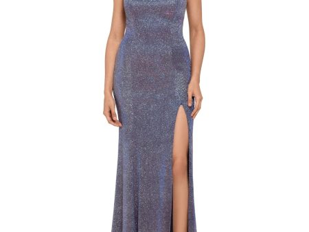 BETSY & ADAM Womens Blue Zippered Glitter Side Slit Sleeveless Asymmetrical Neckline Full-Length Formal Gown Dress Sale