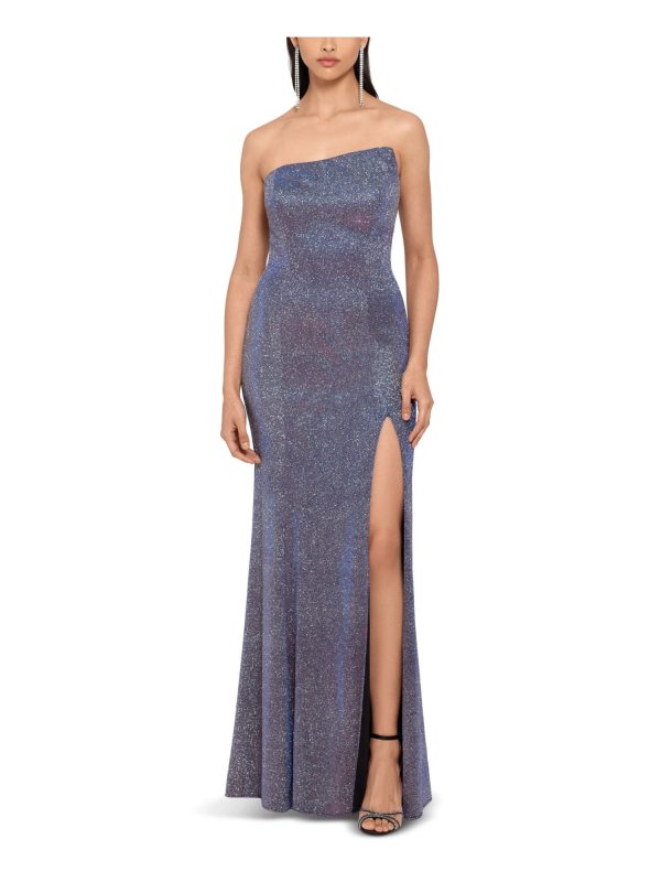 BETSY & ADAM Womens Blue Zippered Glitter Side Slit Sleeveless Asymmetrical Neckline Full-Length Formal Gown Dress Sale