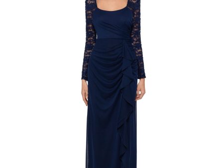 X BY XSCAPE Womens Navy Lace Sequined Long Sleeve Scoop Neck Full-Length Evening Body Con Dress on Sale