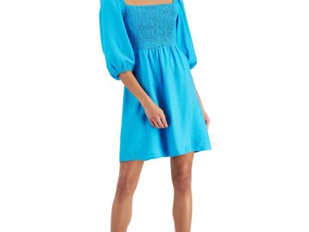 BAR III Womens Smocked Pouf Sleeve Square Neck Short Fit + Flare Dress Hot on Sale