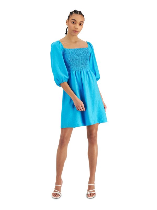 BAR III Womens Smocked Pouf Sleeve Square Neck Short Fit + Flare Dress Hot on Sale