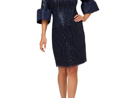 ADRIANNA PAPELL Womens Navy Sequined Zippered Lined Lace Bell Sleeve Square Neck Above The Knee Cocktail Sheath Dress Discount