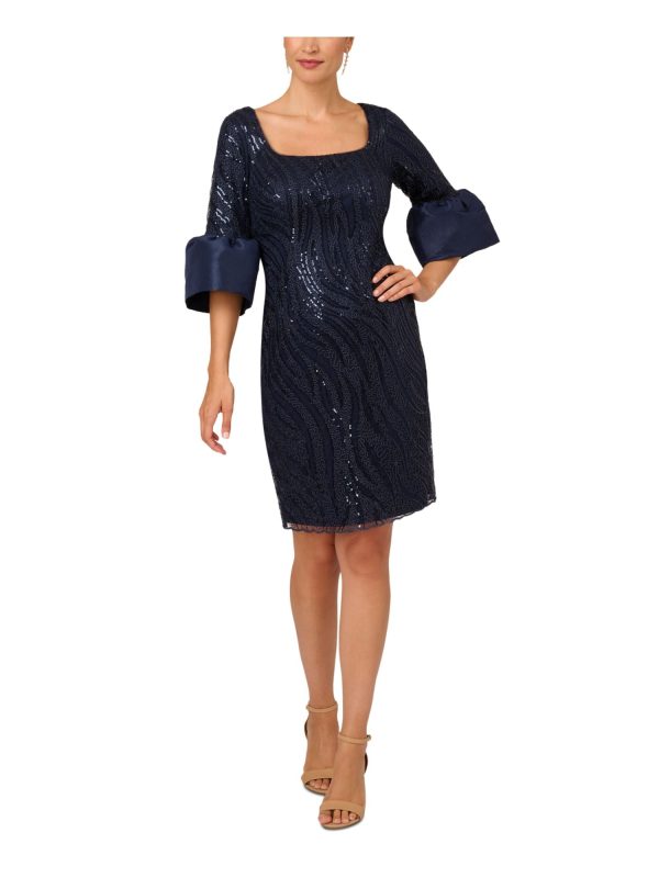 ADRIANNA PAPELL Womens Navy Sequined Zippered Lined Lace Bell Sleeve Square Neck Above The Knee Cocktail Sheath Dress Discount