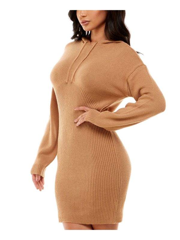 ALMOST FAMOUS Womens Beige Ribbed Hoodie Unlined Long Sleeve Short Evening Sweater Dress Online now