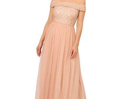 ADRIANNA PAPELL Womens Pink Mesh Zippered Slitted Lined Short Sleeve Off Shoulder Full-Length Evening Gown Dress For Discount