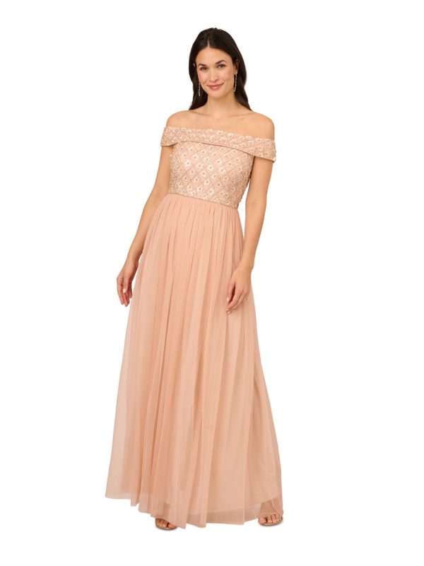 ADRIANNA PAPELL Womens Pink Mesh Zippered Slitted Lined Short Sleeve Off Shoulder Full-Length Evening Gown Dress For Discount