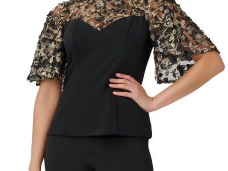 ADRIANNA PAPELL Womens Black Zippered Floral Short Sleeve Illusion Neckline Wear To Work Top For Sale